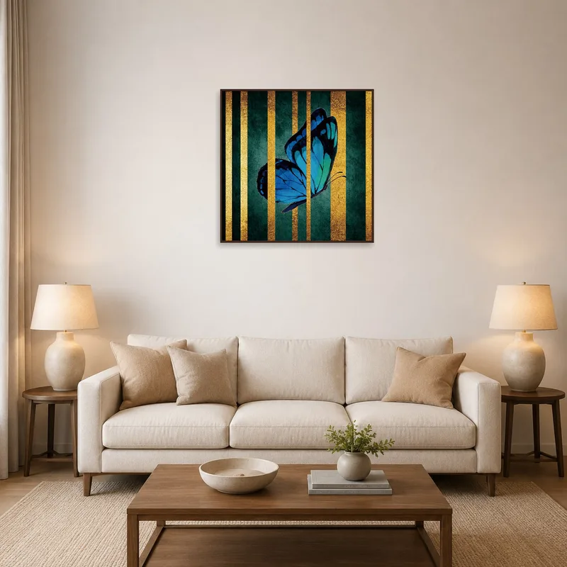 Blue butterfly art adds elegance to the living room with its gold and blue palette.