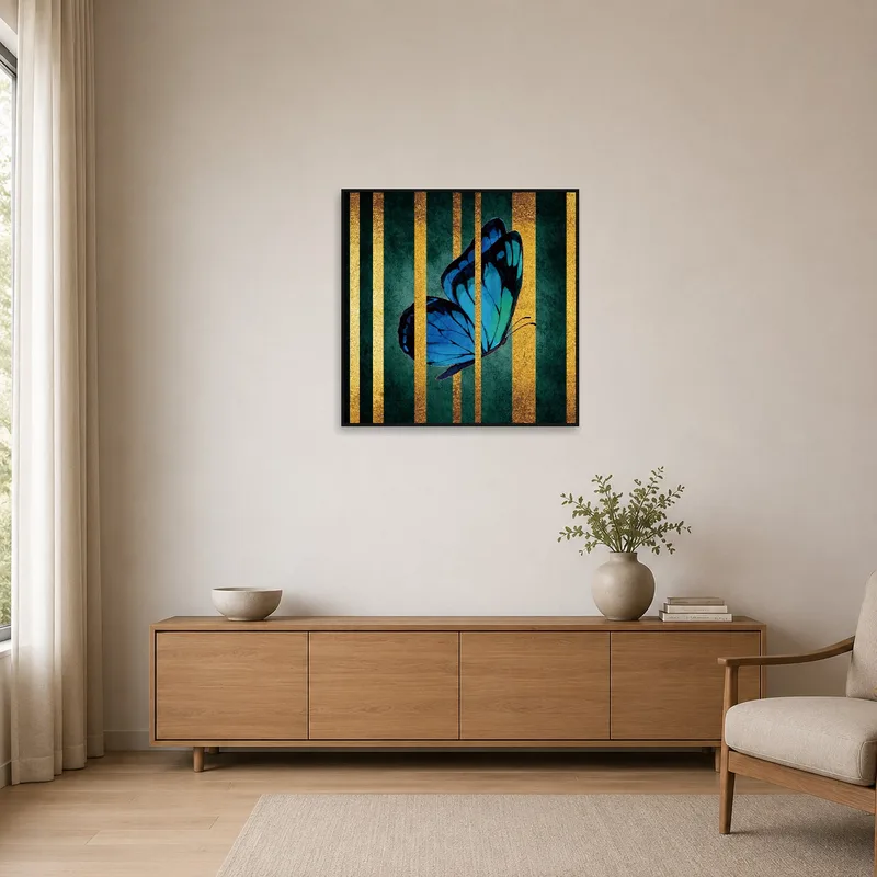Butterfly on gold stripes complements the minimalist room's clean aesthetic.