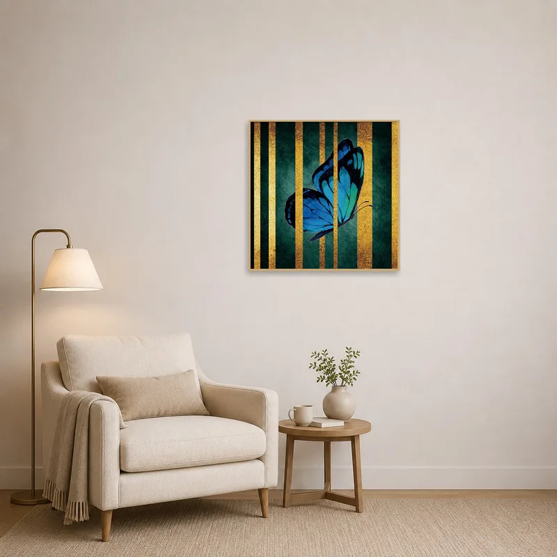 Blue butterfly art enlivens the reading corner with its striking colors.