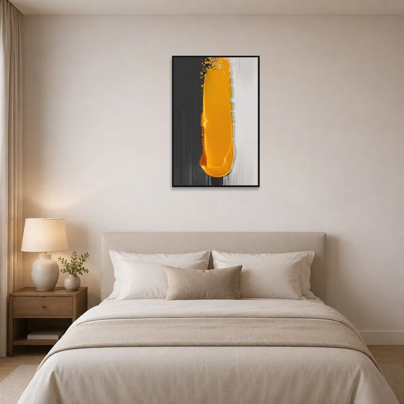 Bedroom wall displaying bold abstract artwork in mustard and grey.