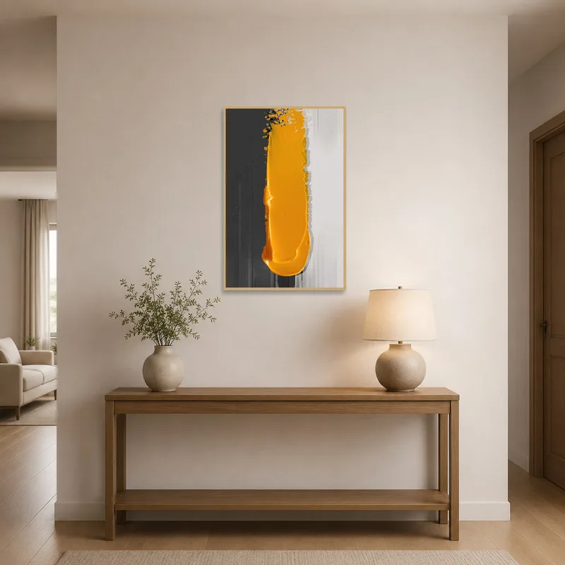 Entrance hall showcasing textured abstract art in mustard and grey.