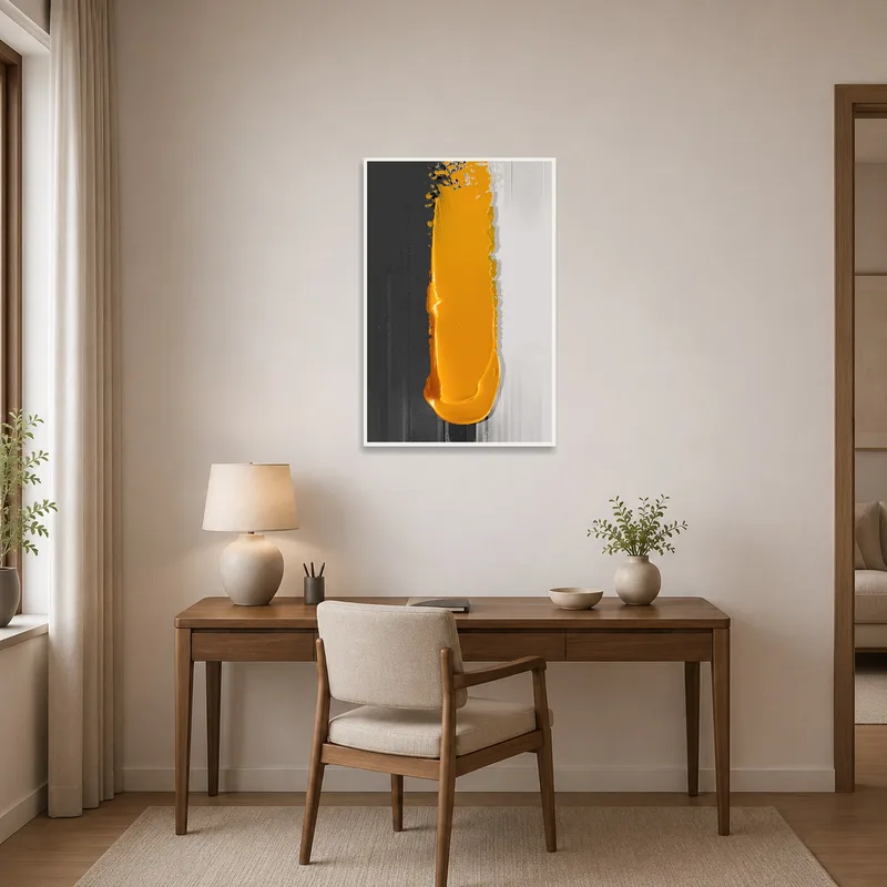 Home office with bold abstract art in tones of mustard and grey.