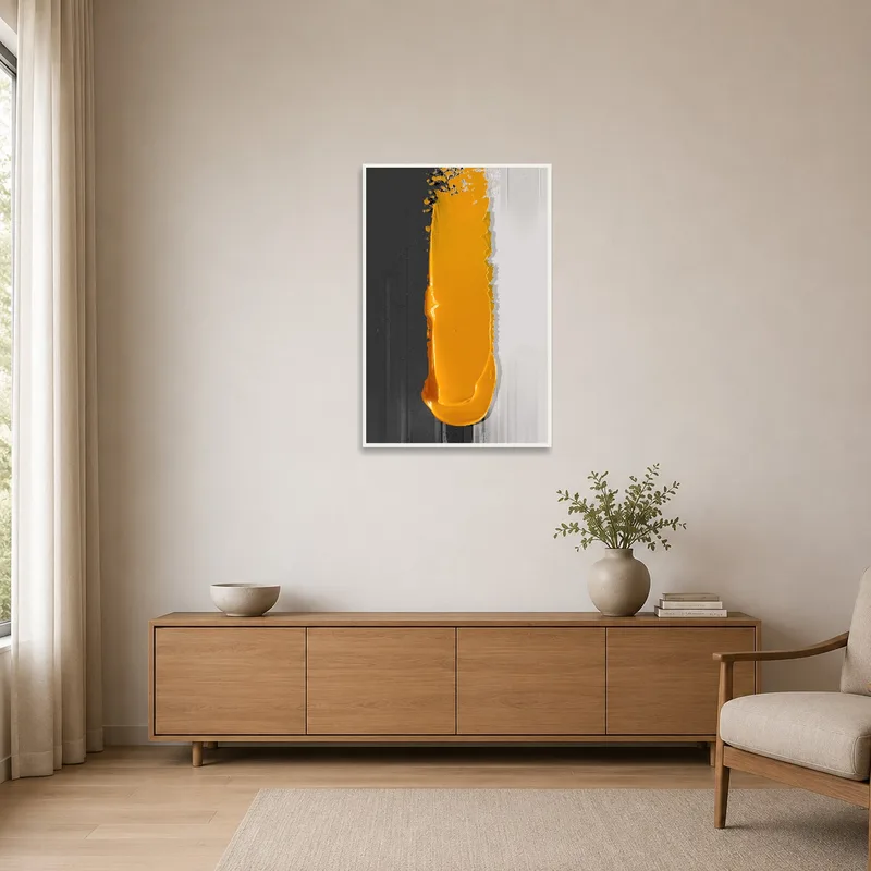 Minimalist room with striking mustard and grey abstract art.