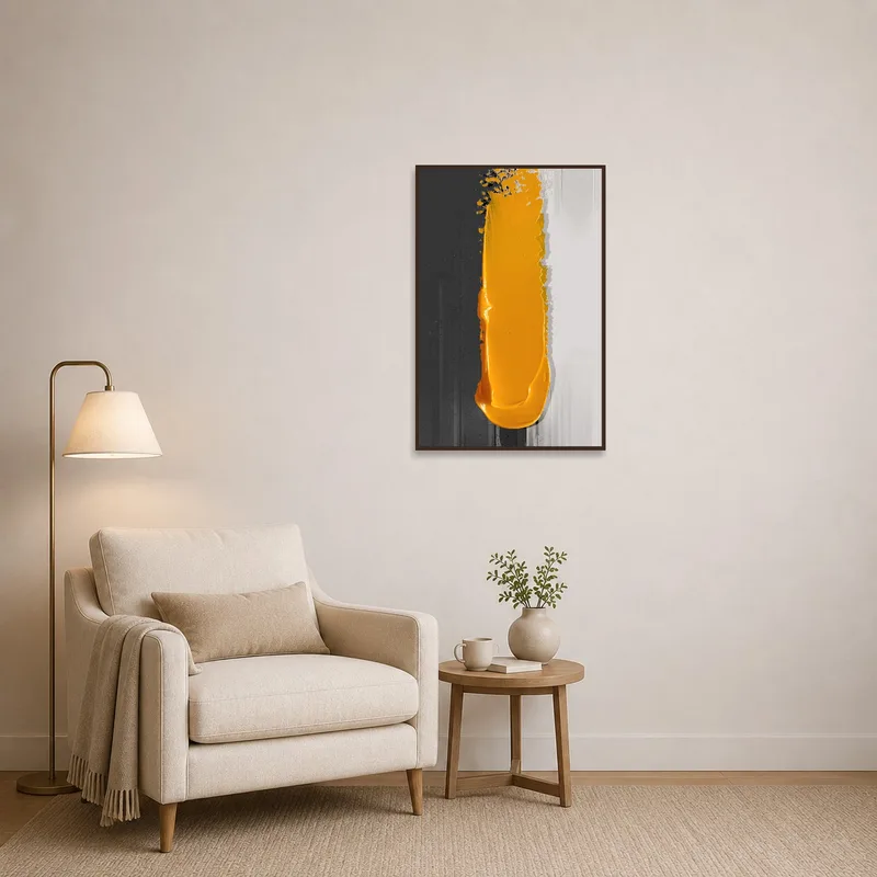 Reading corner adorned with abstract art featuring mustard and grey tones.