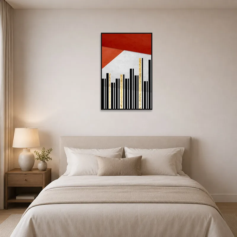 Bold geometric design with gold touches creates a focal point in a bedroom.