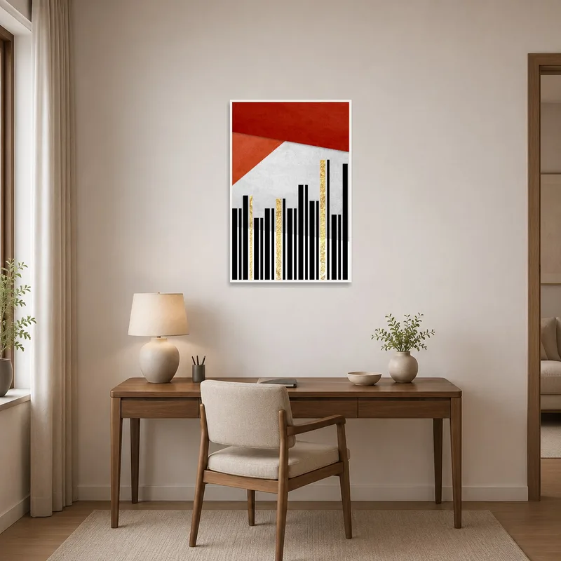 Geometric art with gold details brings sophistication to a home office space.
