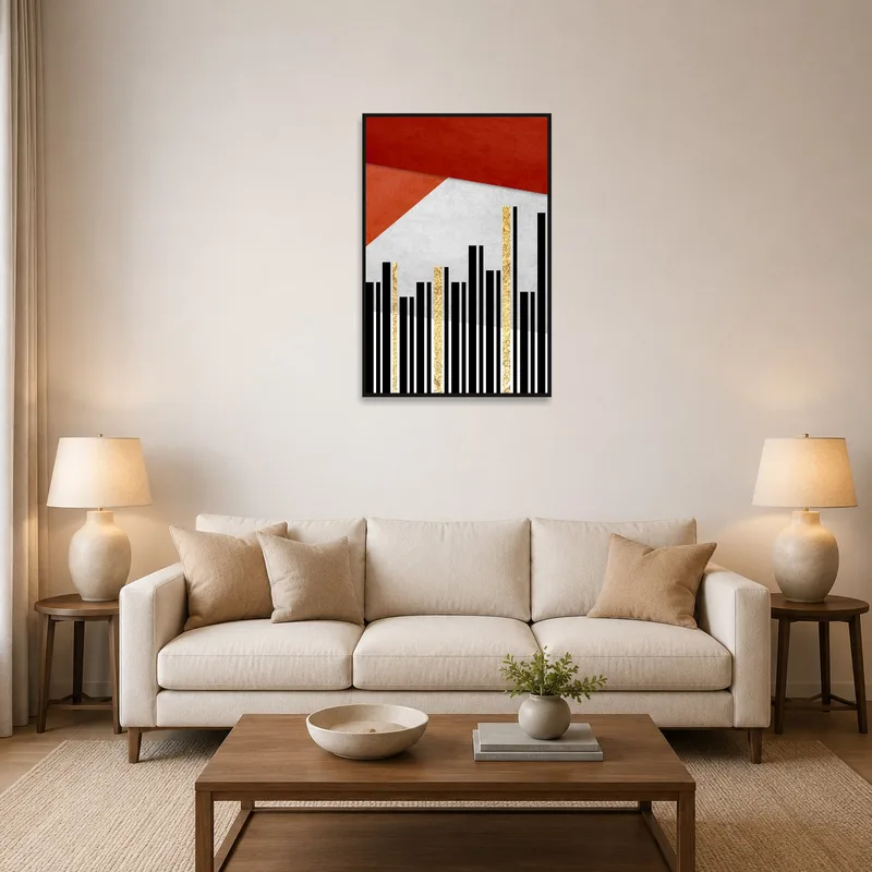 Abstract geometric art with gold accents hangs in a stylish living room setting.