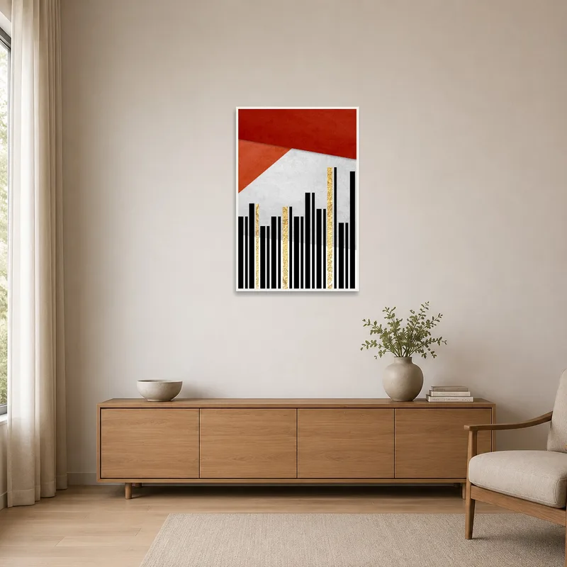 Bold geometric abstract art with gold accents complements minimalist room decor.