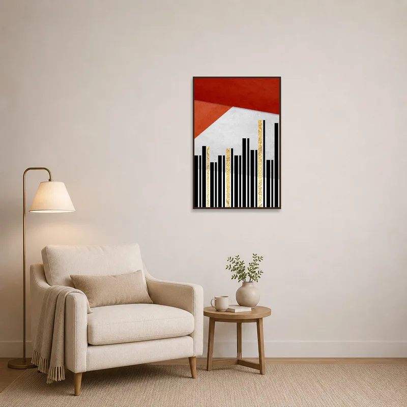 Geometric abstract piece with gold accents adds intrigue to a reading corner.