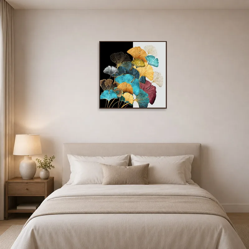A bedroom adorned with a bold ginkgo leaf abstract art piece.