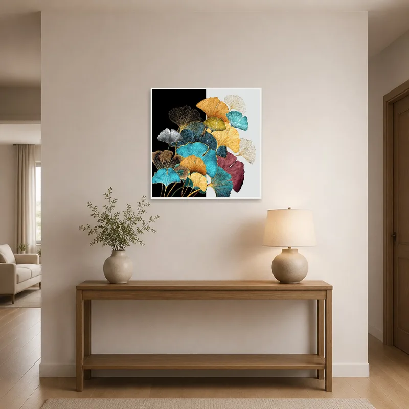 An entrance hall complemented by a bold ginkgo leaf abstract art piece.