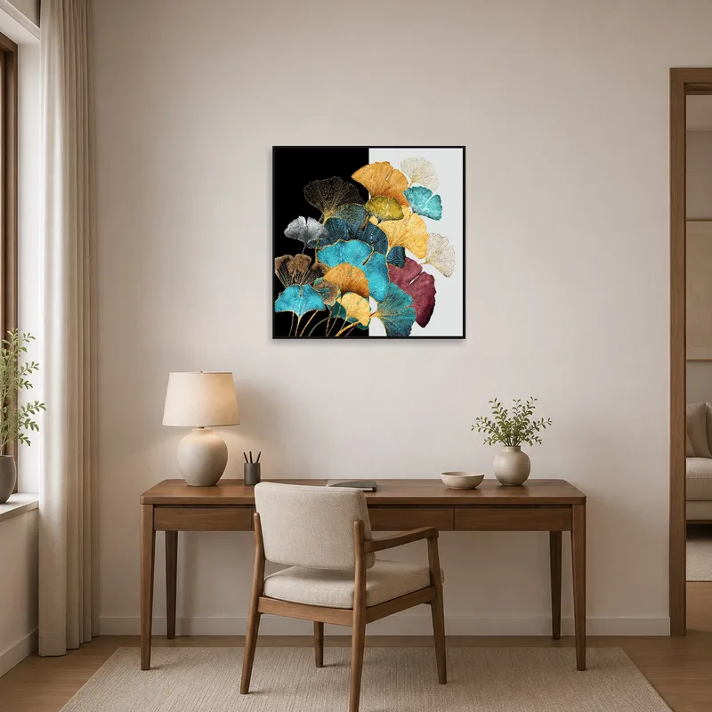A home office featuring a bold ginkgo leaf abstract art piece for inspiration.