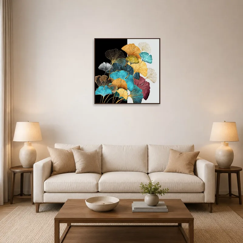 A bold ginkgo leaf abstract art piece in a stylish living room.