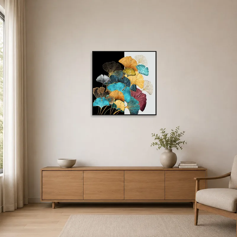 A minimalist room featuring a bold ginkgo leaf abstract art piece.