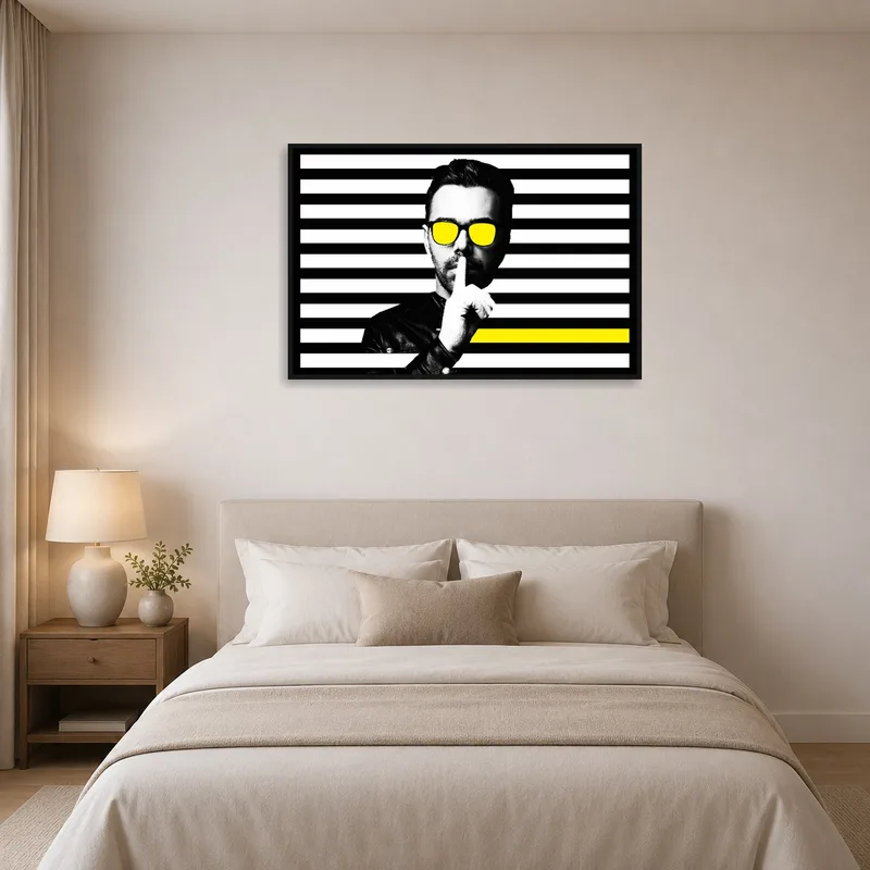 Add flair to a bedroom wall with striking modern art featuring yellow tones.