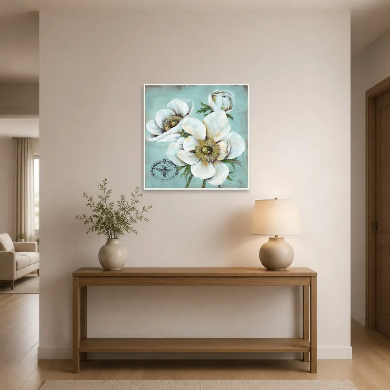 Entrance hall featuring botanical blossoms art on a teal background.