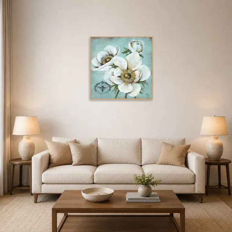 Botanical artwork with blossoms on a teal background in a stylish living room.