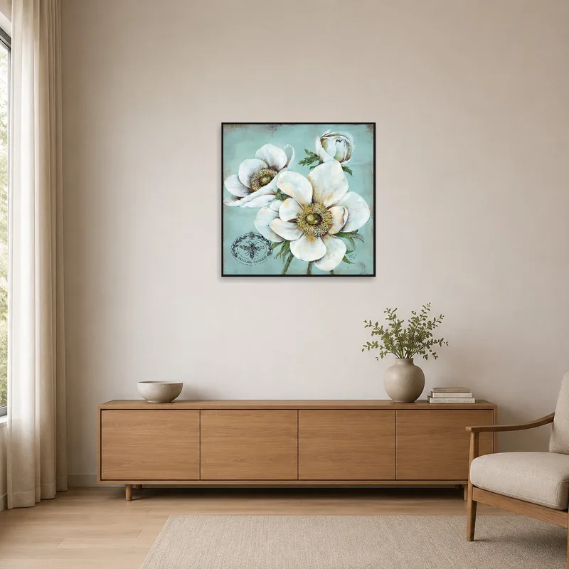 Botanical blossoms art on teal background in a minimalist setting.