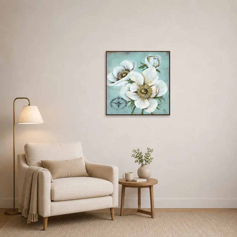Reading corner with botanical blossoms on a teal background art piece.