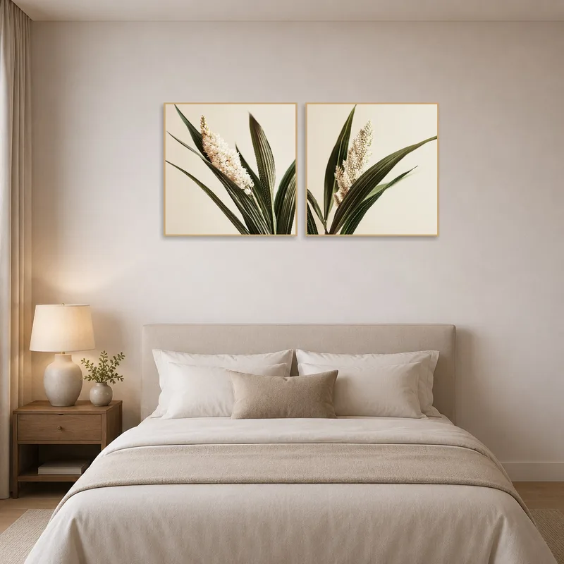 Elegant floral art hangs in a calming bedroom setting.