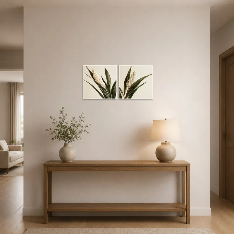 Entrance hall featuring art with white blooms and greenery.
