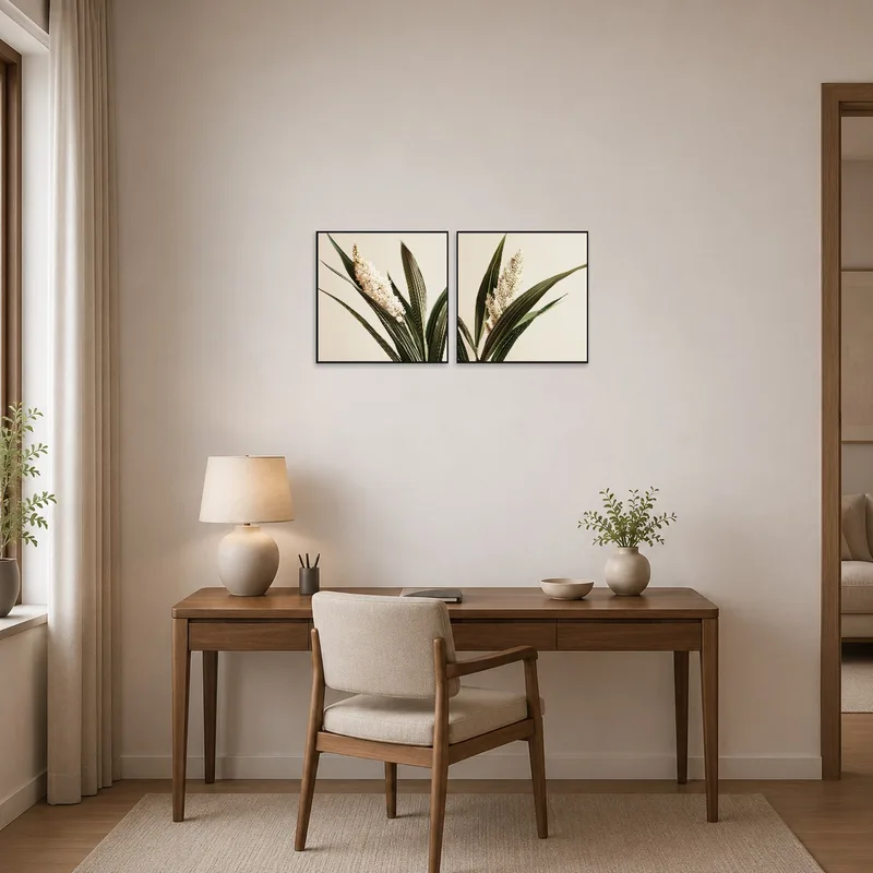 Home office adorned with white blooms and lush green leaves art.