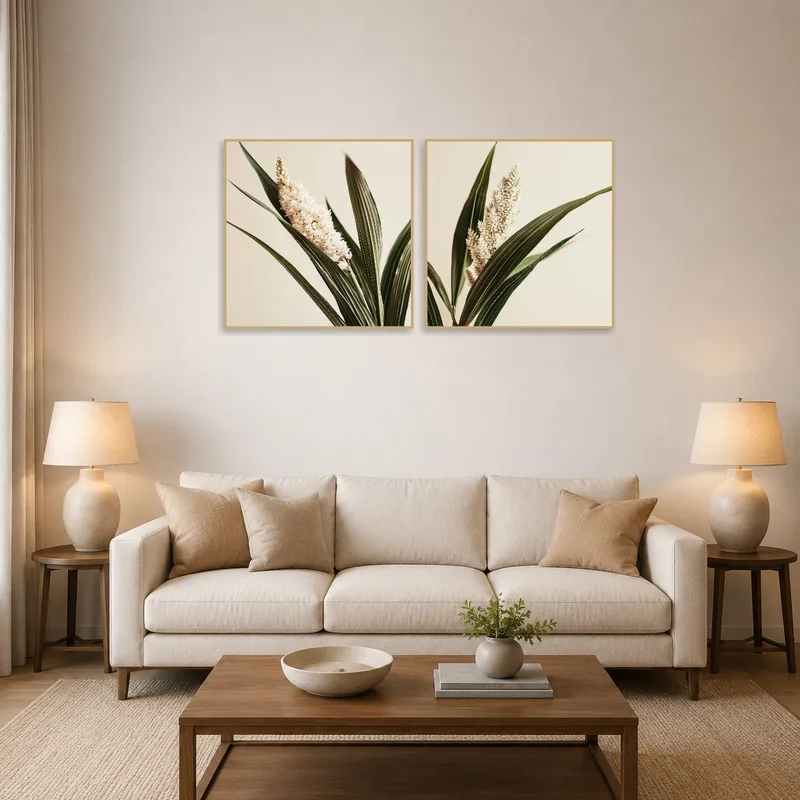 Botanical Elegance artwork above a modern sofa in the living room.