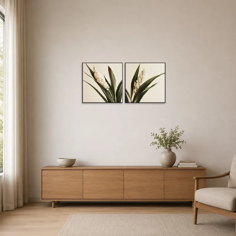 White blooms art piece on a clean wall in a minimalist space.