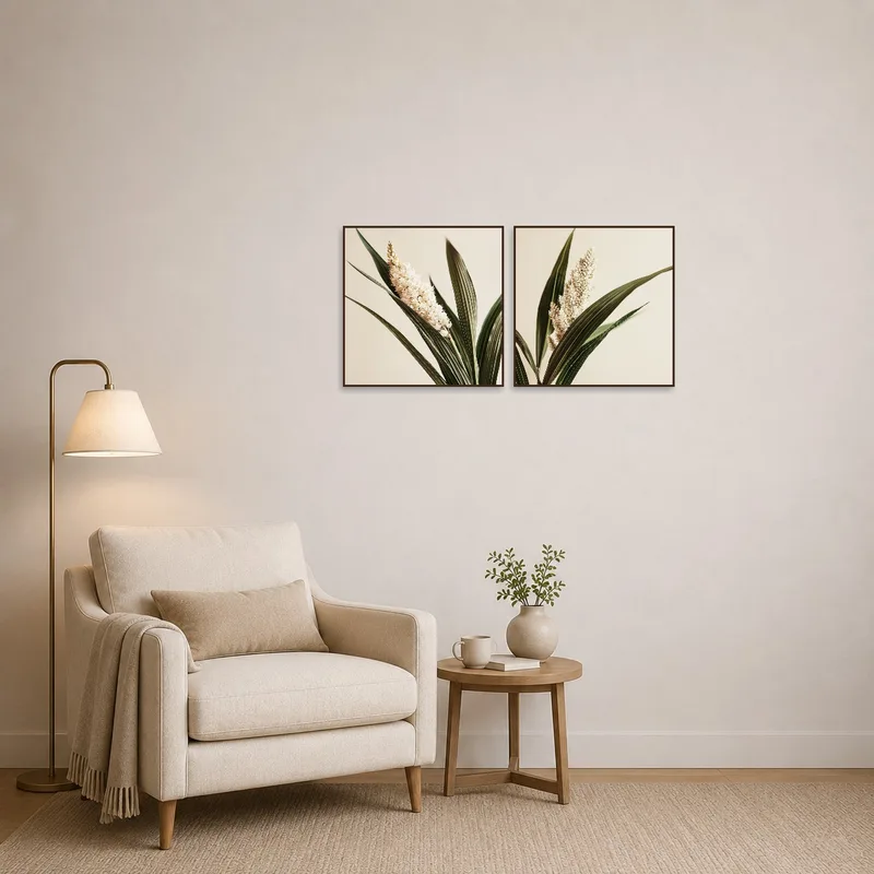 A serene reading corner with botanical artwork on the wall.