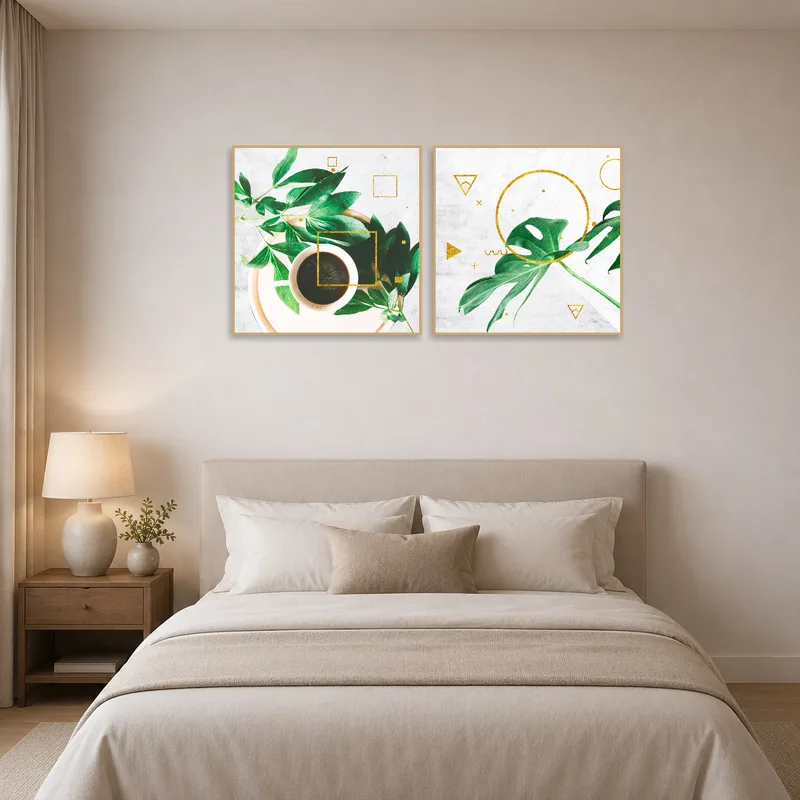 Bedroom setting with geometrical botanical prints above the bed.