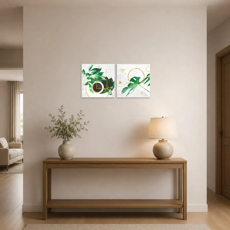 Entrance hall featuring square prints of geometric botanical designs.