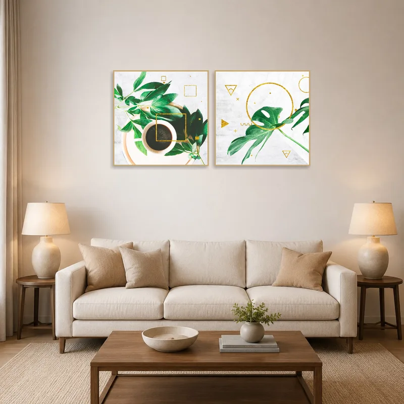 Square botanical geometry prints above a living room sofa with modern decor.