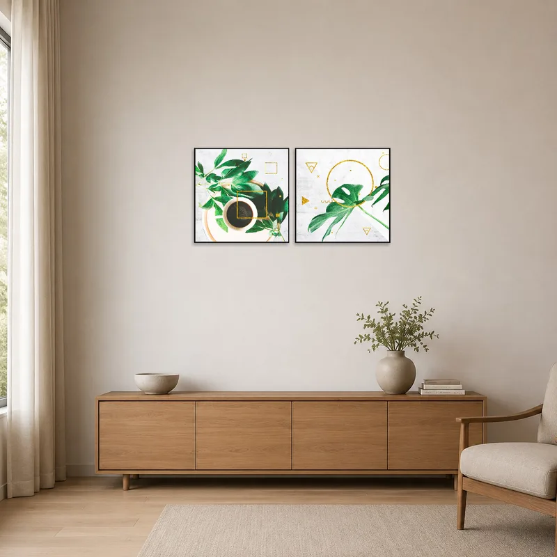 Minimalist room with botanical geometry prints on a stark white wall.