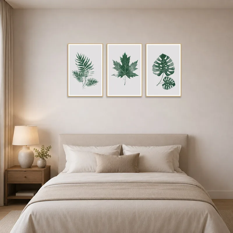 Sophisticated bedroom showcasing a botanical triptych set above the bed.