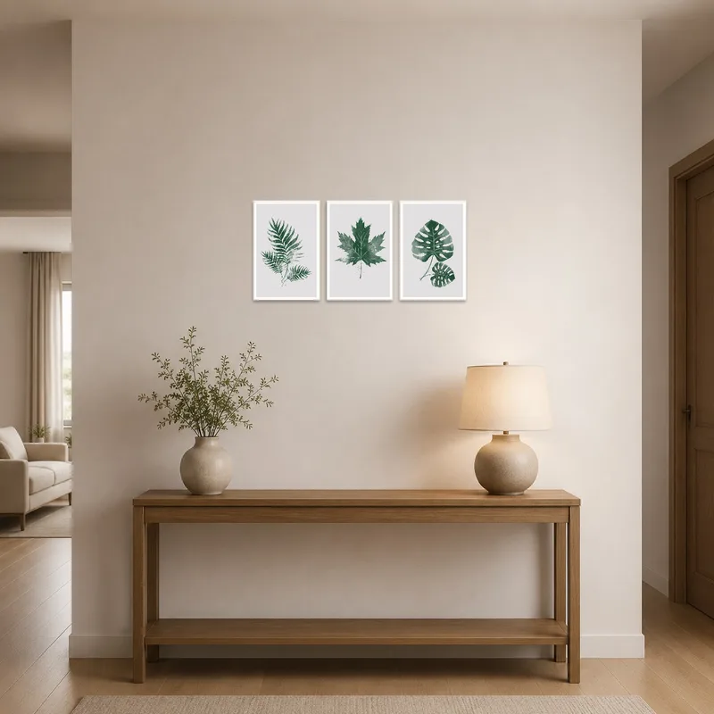 Elegant entrance hall with a green leaf triptych complementing the welcoming area.