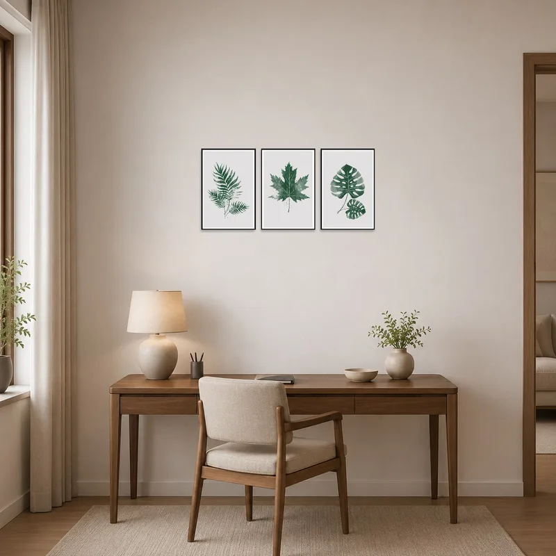 Home office adorned with a calming leaf triptych inspiring productivity.