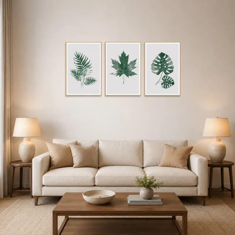 Botanical triptych featuring green leaves hanging above a sleek modern living room sofa.