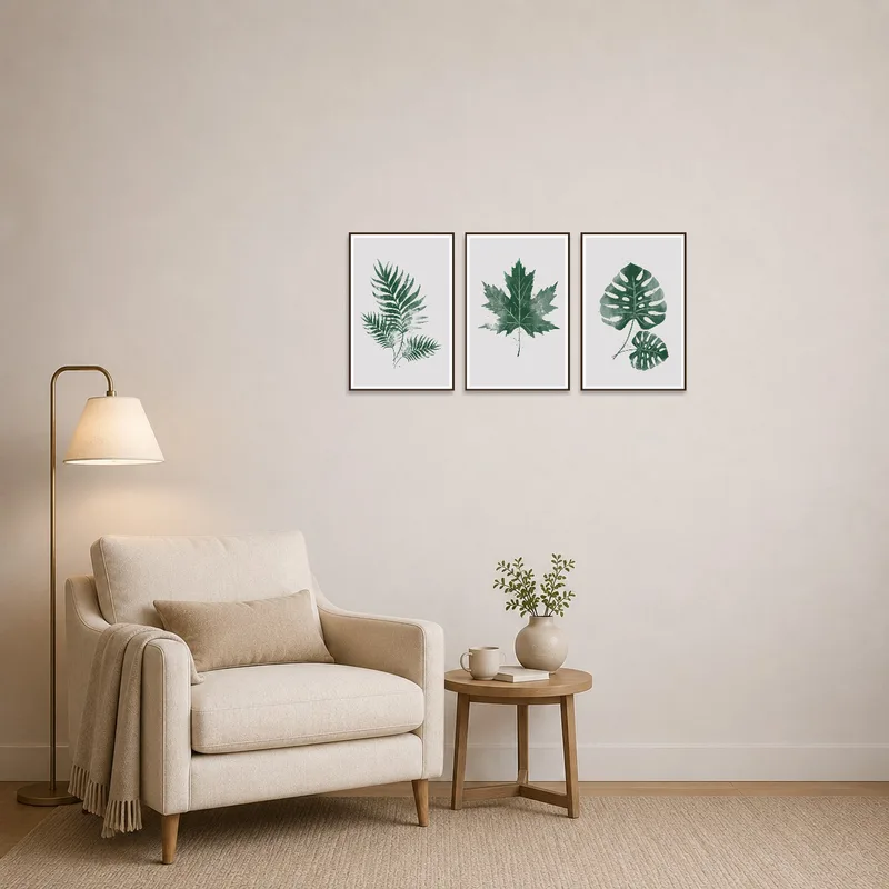 Cozy reading corner with botanical leaf prints enhancing the serene atmosphere.