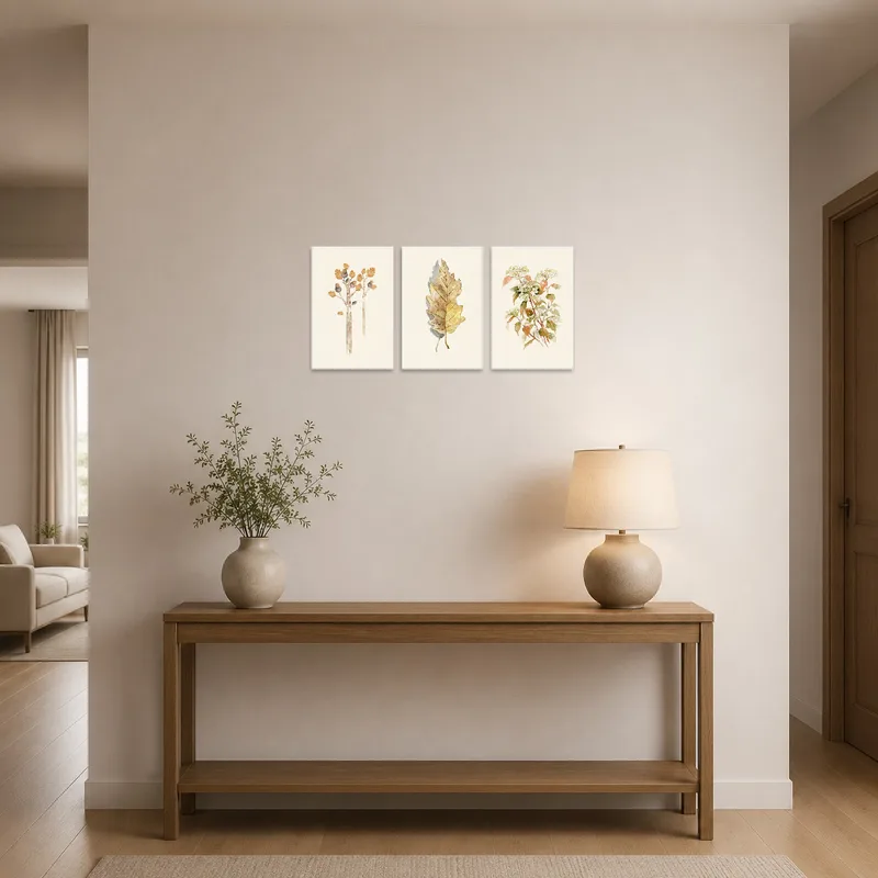 Autumn motif botanical watercolor triptych welcoming guests in a stylish entrance hall.