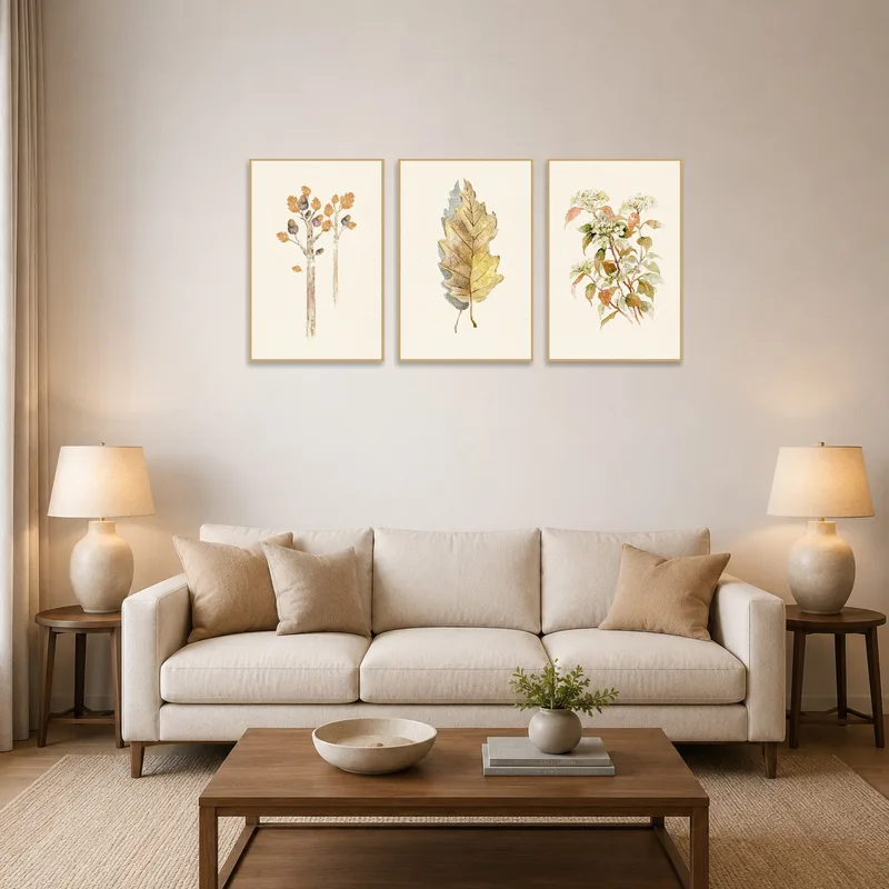 Botanical watercolor triptych with autumn motifs on a living room wall above a cozy sofa.