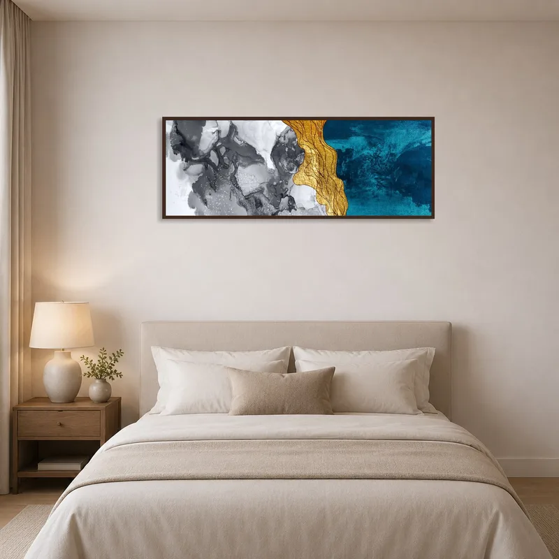 Abstract art infusing tranquility and color in a serene bedroom.