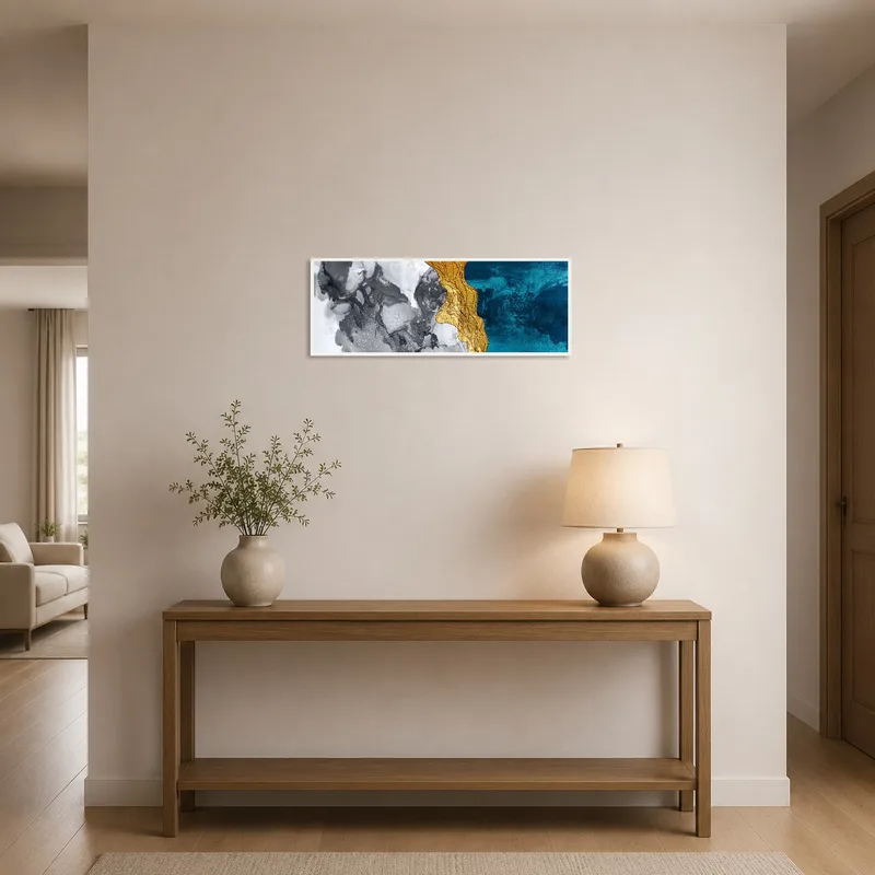 Striking abstract piece greeting guests in an elegant entrance hall.