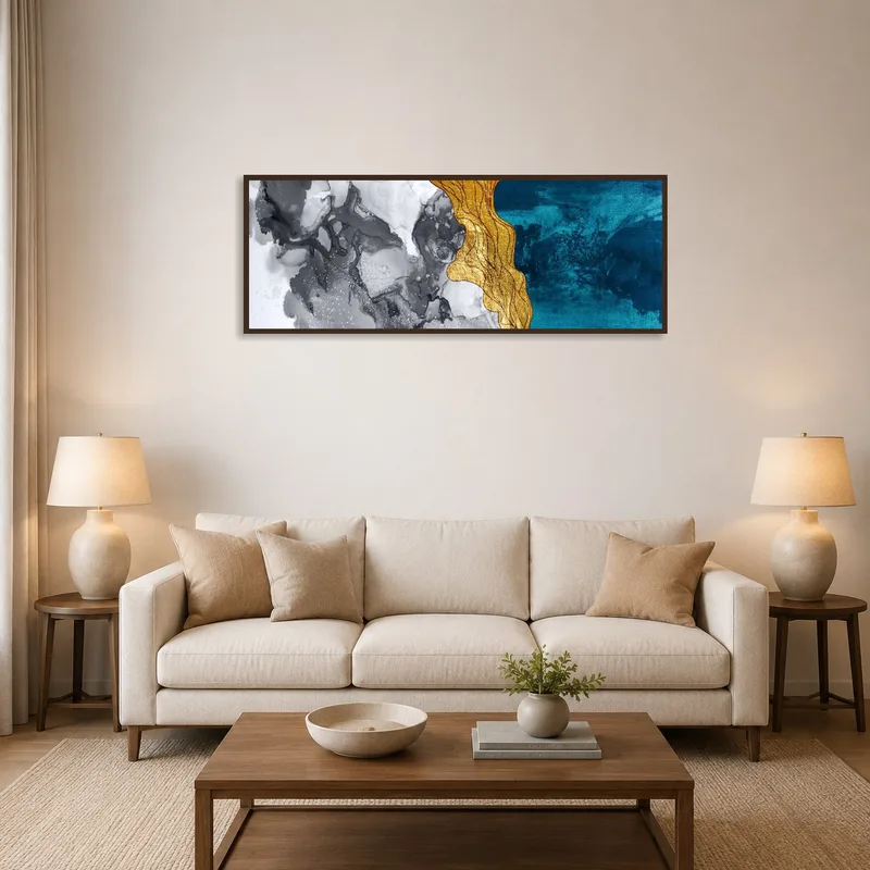 A vibrant abstract artwork above a sofa, adding a dynamic touch to the living room.
