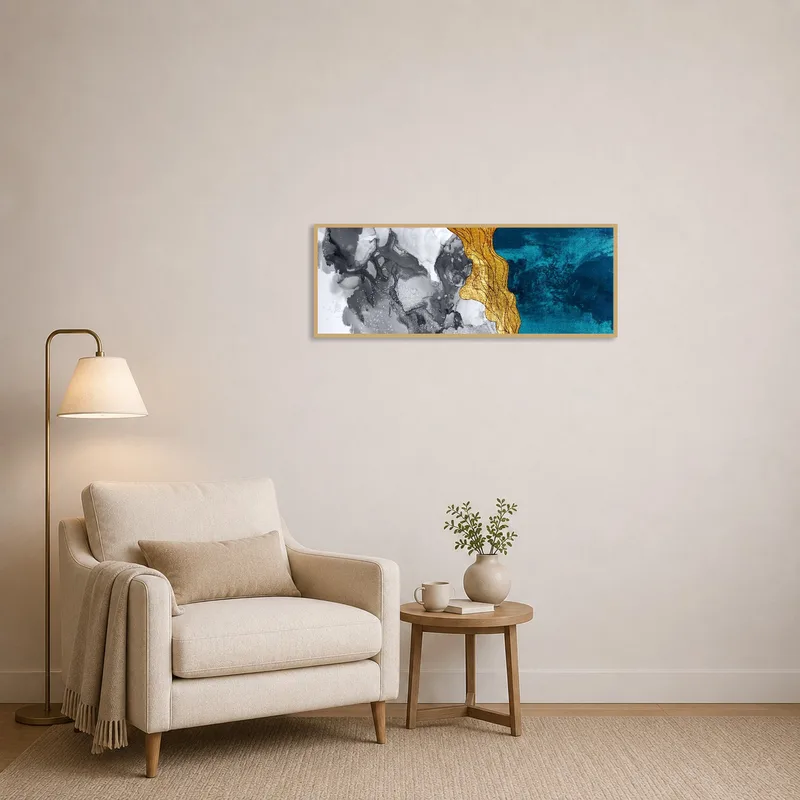 Colorful abstract piece providing inspiration in a cozy reading corner.