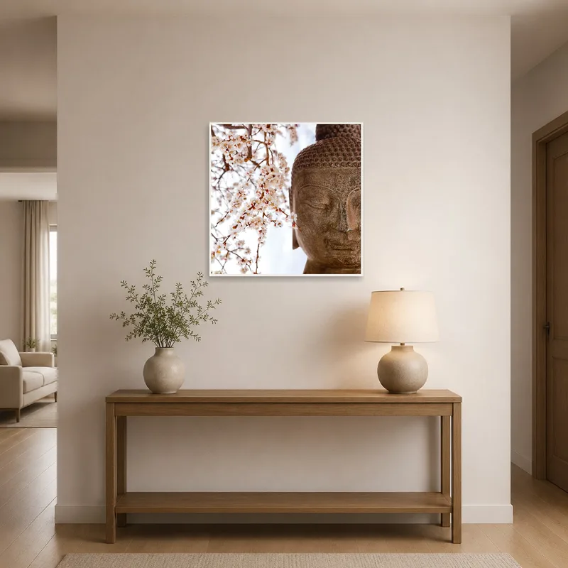 A Buddha art print offers a calming presence in the entrance hall.
