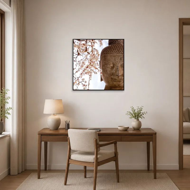 Buddha art print fosters a serene atmosphere in the home office.