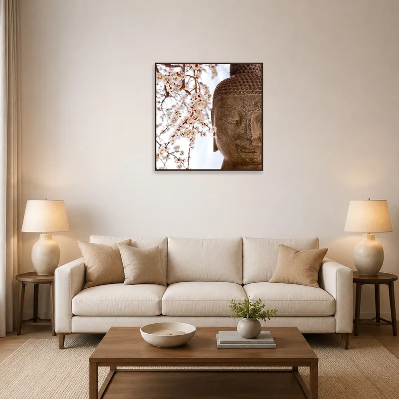 A peaceful Buddha art print complements cozy living room decor.