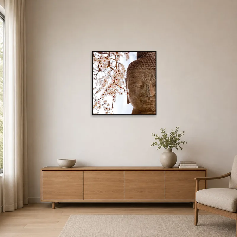 A serene Buddha art print enhances the minimalist space.
