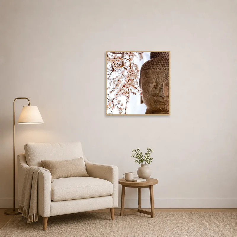 Buddha art print adds tranquility to a serene reading corner.