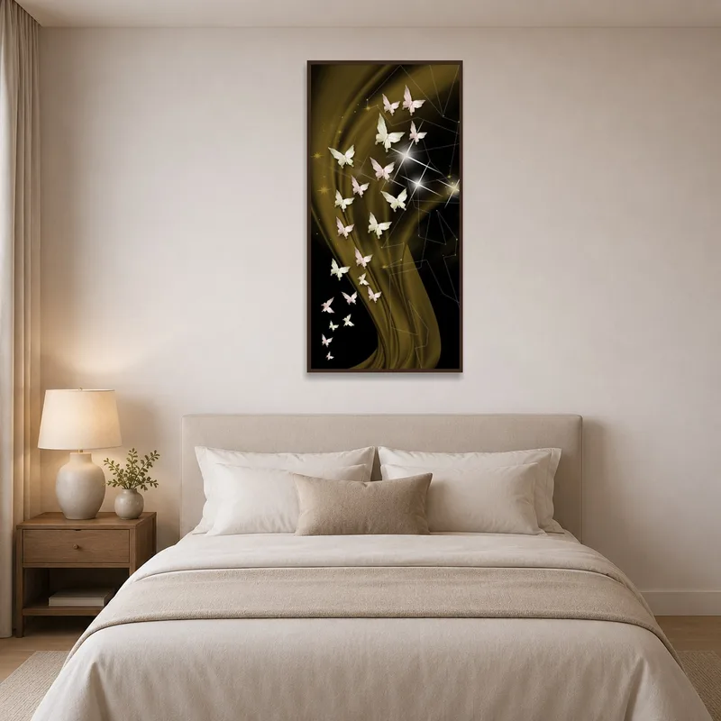 Butterflies on golden waves bring warmth and serenity to a peaceful bedroom.